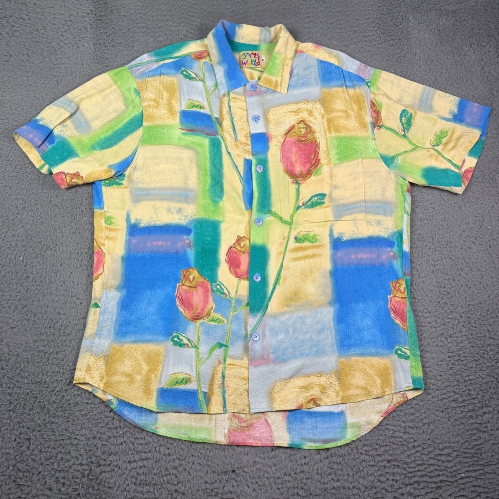 Vintage Jams World Hawaiian Shirt Mens M Multicolor Floral Rayon Short Sleeve